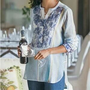 Soft Surroundings Floreale Stripe Sheer Popover Linen Knit Tunic Top blue medium